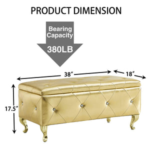 English Elm Upholstered Gold Faux Leather Storage Ottoman Bench with Crystal Buttons, Metal Legs, Safety Hinge, 38.6" L W2268P291485