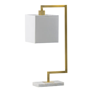 English Elm 9x14.3x25.2" Dual-Bend Gold Metal Table Lamp with Marble Base, Square Shade & Hanging Motif for Warm Ambient Light W2078P324063