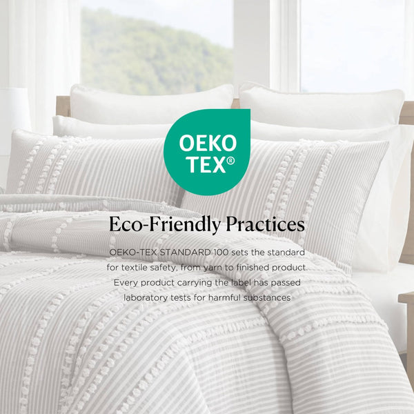 English Elm 3-piece Cotton Yarn Dyed Duvet Cover Set with Jacquard Pompom Stripe Bedding Grey B035P482894