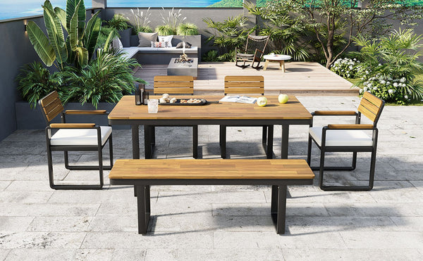 English Elm 6-piece Outdoor Acacia Wood Patio Dining Set with Cushioned Chairs Bench Steel Frame Beige N704G201255A