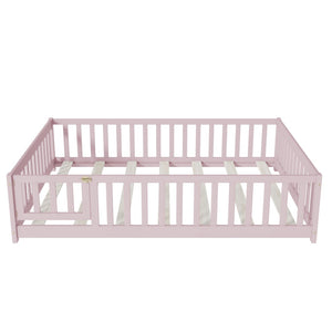 English Elm Twin Solid Rubberwood Floor Bed with Full Perimeter Safety Rails for Toddler Rooms Pink W504P296791