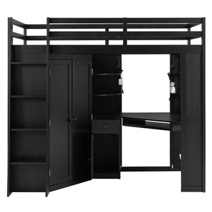 English Elm Twin Loft Bed with Wardrobe Desk Charging Station and Spotlights for Small Rooms Black LT000450AAB