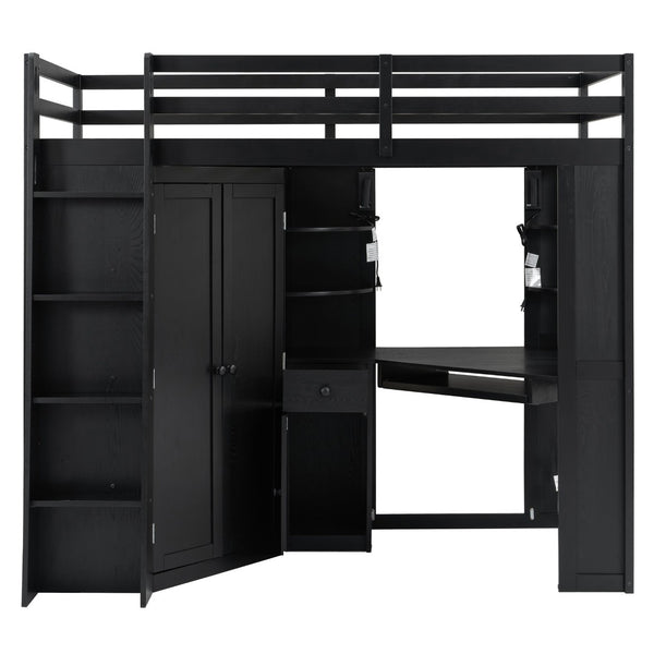 English Elm Twin Loft Bed with Wardrobe Desk Charging Station and Spotlights for Small Rooms Black LT000450AAB