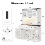 English Elm K&K 71" Farmhosue Pantry Bar Cabinet With Internal Storage Rack,Kitchen Cabinet With Hutch,Sliding Door,Power Outlet,Pegboard,Wine & Glasses Rack,3 Drawers,Rustic Coffee Bar Storage Cabinet,White Oak