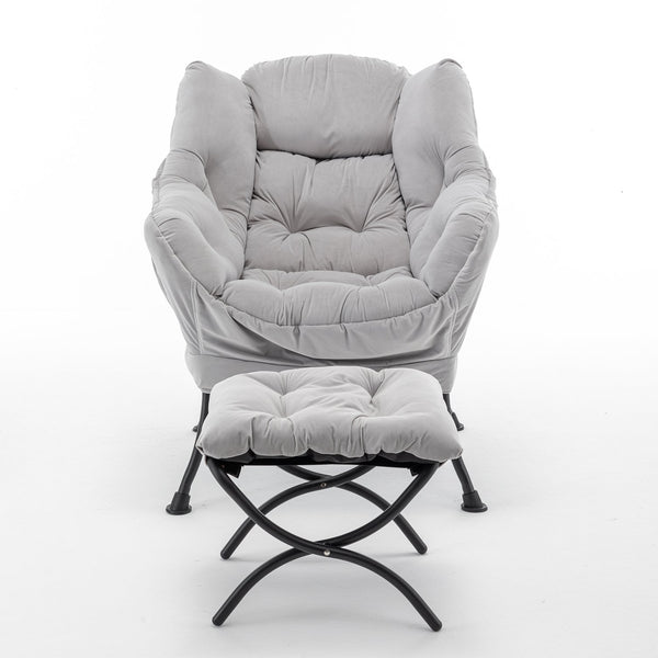 English Elm Accent Recliner Chair With Ottoman – Luxurious Gray Velvet Lounge Set For Stylish Relaxation At Home T3903P372937