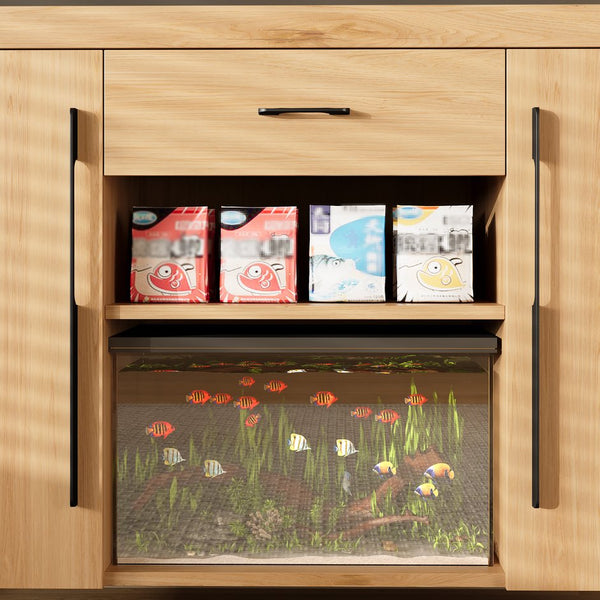 English Elm 55-75 Heavy Duty Aquarium Stand with Power Outlets, 880lb Capacity, 2 Cabinets + Drawer, Natural Finish N704P350198N