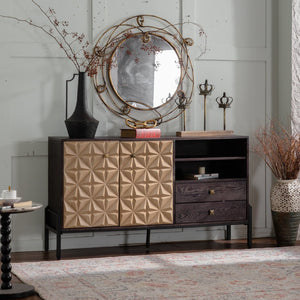 English Elm Solid Wood Sideboard With Handcrafted Geometric Design, Smart Storage & Rustic Finish For Versatile Spaces W3158P351694-GIGA