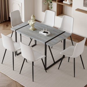 English Elm Table And Chair Set: Modern Grey Marble Dining Table With 6 Pu-Cushioned Chairs & Metal Frame W1151S01883-GIGA