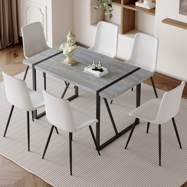 English Elm Table And Chair Set: Modern Grey Marble Dining Table With 6 Pu-Cushioned Chairs & Metal Frame W1151S01883-GIGA