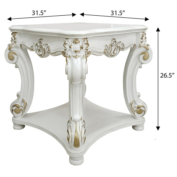 English Elm Antique Pearl End Table with Scrolled Trim and Lower Display Shelf for Elegant Traditional Décor White B062P186419