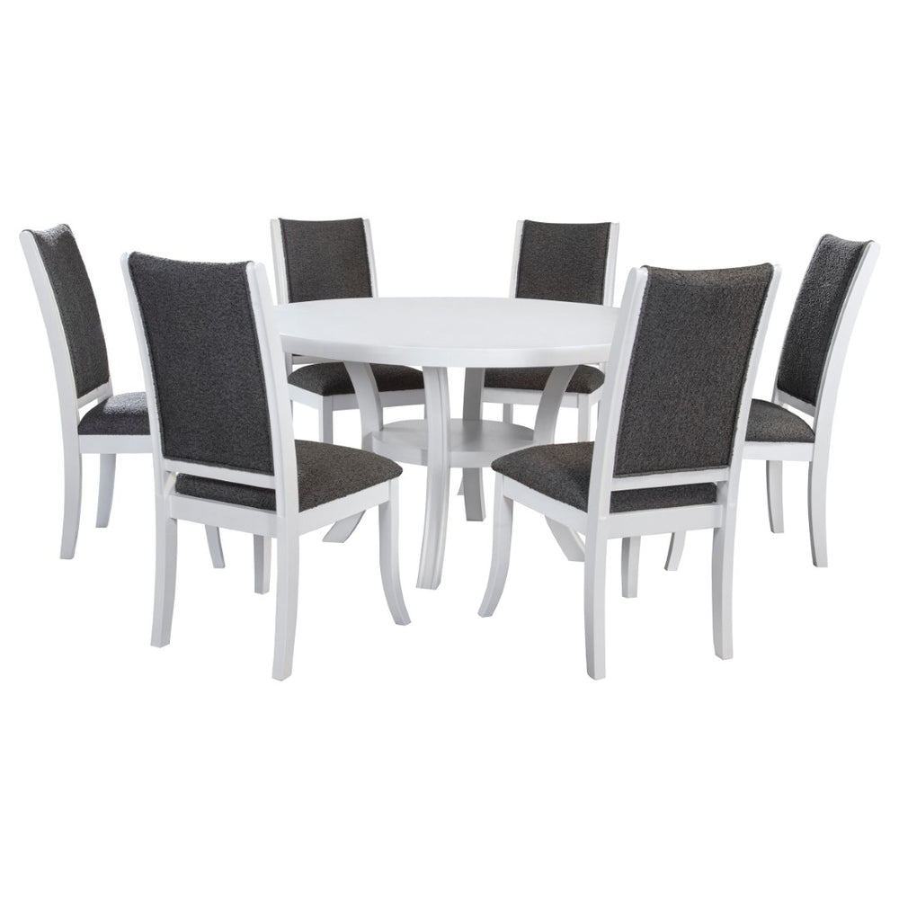 English Elm Tyler Round Dining Set Seats Six with High-back Upholstered Chairs in Pearl White B062S01800