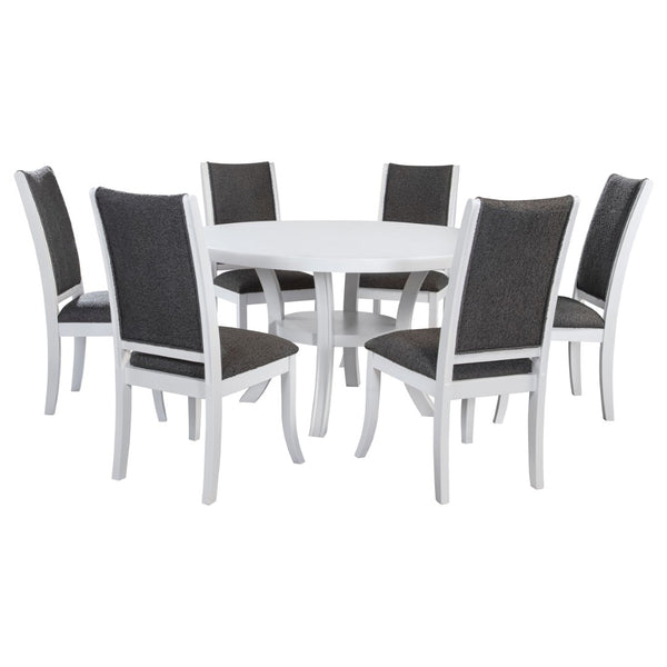 English Elm Tyler Round Dining Set Seats Six with High-back Upholstered Chairs in Pearl White B062S01800