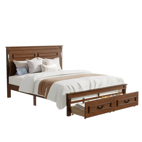 English Elm Queen Farmhouse Pinewood Storage Bed with Led Lighting Usb Charging and Panel Headboard Walnut W504P391016