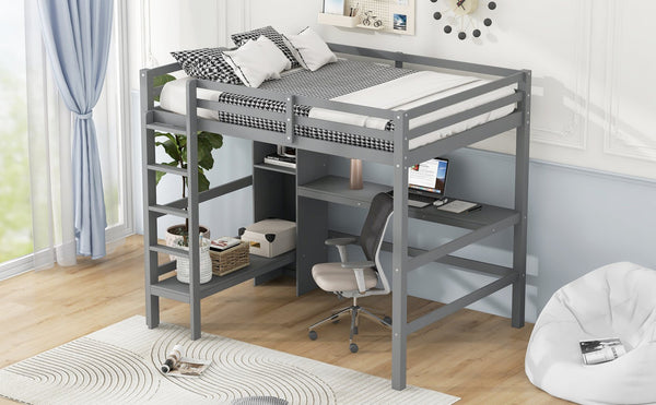 English Elm Full Size Loft Bed With Under-Bed Desk And Stylish Shelves For Space-Saving Bedroom Solutions N7090005004E