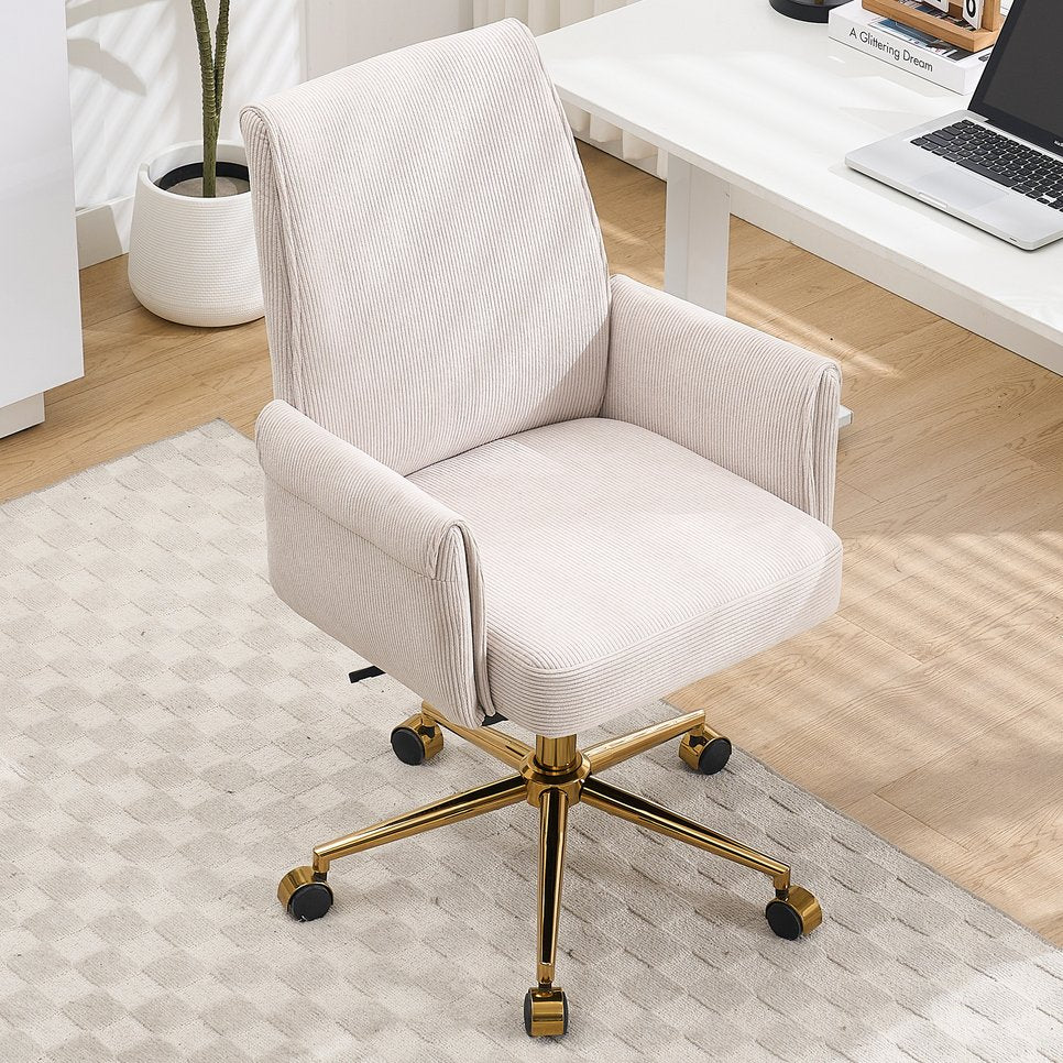 English Elm Mid-back Corduroy Office Chair with Memory Foam Cushion, Ergonomic S-curve Support for Comfort and Focus White W2311P282365