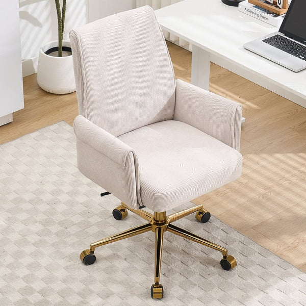 English Elm Mid-back Striped Fabric Office Chair with Gold Base Ergonomic Memory Foam Lumbar White W2311P420440