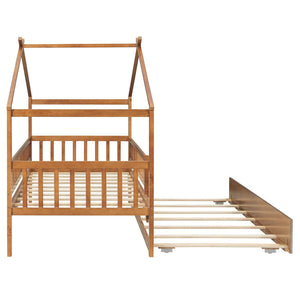 English Elm Twin House Bed with Trundle Solid Pine Frame Walnut Kids Bedroom Sleepover N708P357115L