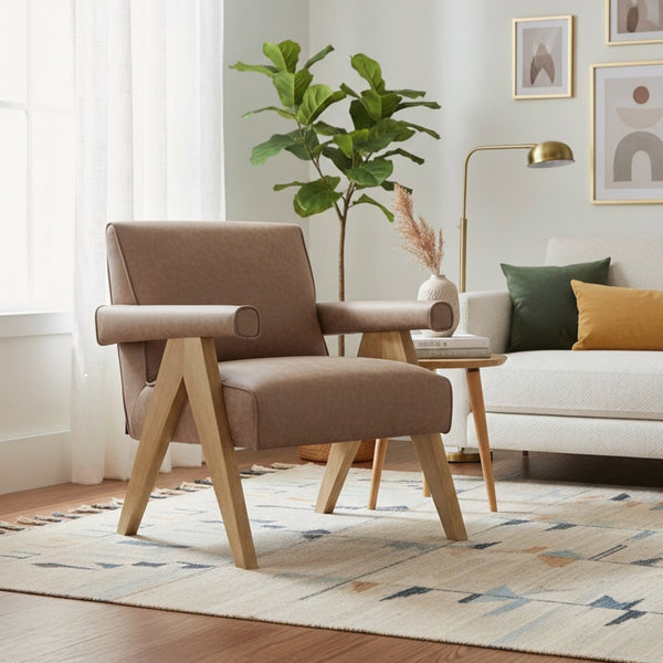 English Elm Nessi Mid-Century Faux Leather Arm Chair with A-Frame Walnut Legs, Corded Seams & Glide Protectors Espresso B050P390605