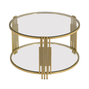 English Elm Modern Glass Coffee Table 31.5" – Asymmetrical Gold Metal Drum Base, Tempered Clear Top & Lower Shelf N735P177478K