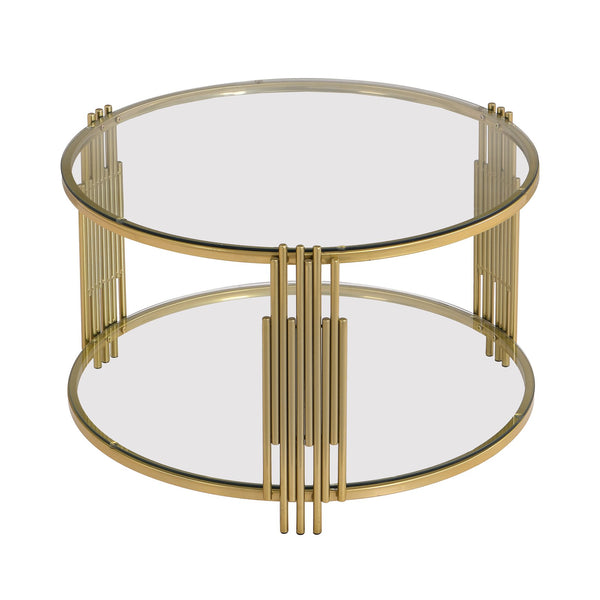 English Elm Modern Glass Coffee Table 31.5" – Asymmetrical Gold Metal Drum Base, Tempered Clear Top & Lower Shelf N735P177478K