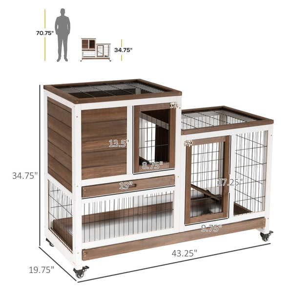 English Elm Wooden Two-story Fir Rabbit Hutch with Enclosed Run Wheels and Pull-out Trays T3971P407331