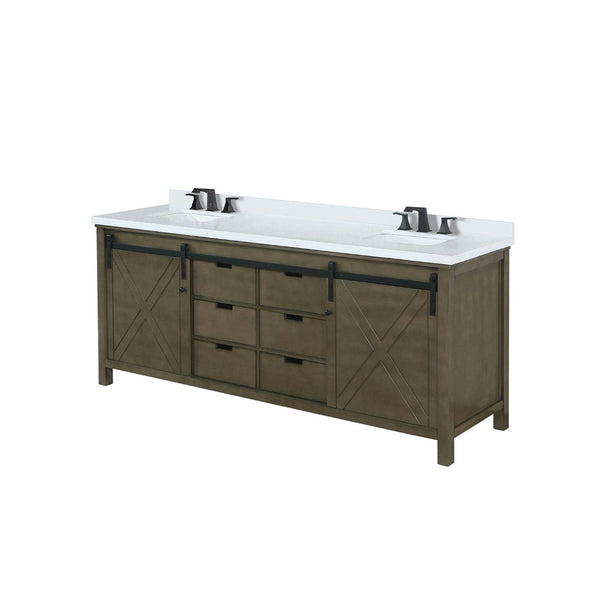 English Elm Rustic Brown Double Bath Vanity 84" W X 22" D, Stunning White Quartz Top & Matte Black Faucet Set B2731P260180-GIGA