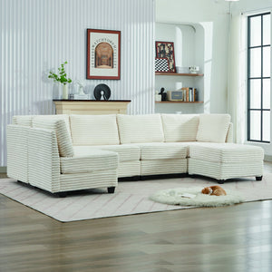 English Elm Corduroy Plush U-Shaped Sectional Sofa with Storage Ottoman, Pet-Friendly Durable Modular Comfort Beige W2915S00062