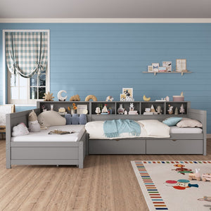 English Elm Twin Corner Daybed with Storage Drawers Bookshelf Wood L-shape Frame for Small Rooms Grey N733S369272E