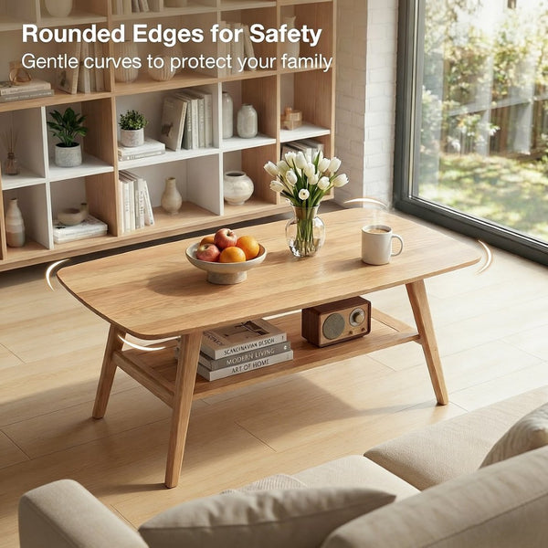 English Elm Mid Century Modern Solid Oak Two Tier Coffee Table with Open Shelf for Living Room Wood W3204P469106