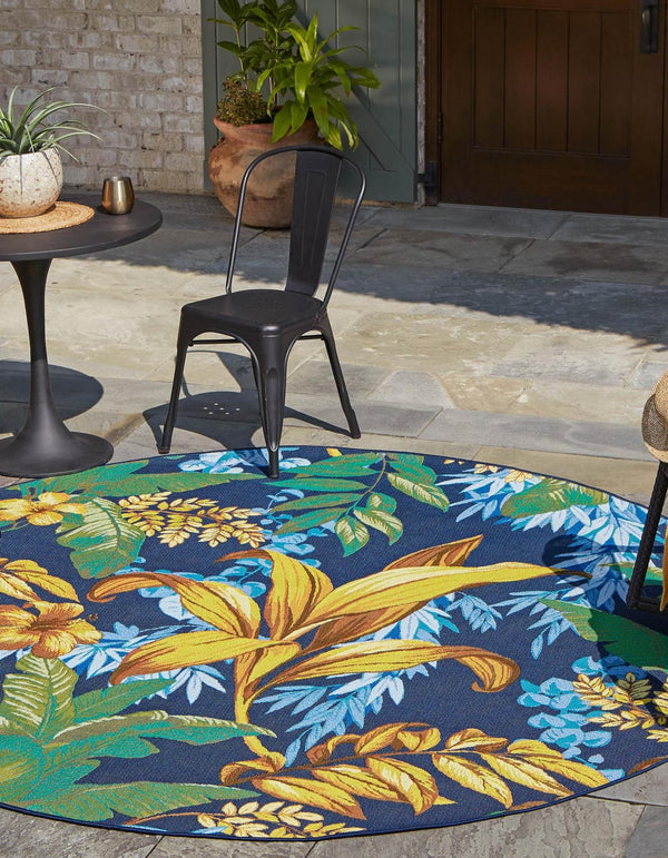 Unique Loom Outdoor Botanical Calypso Machine Made Floral / Botanical Rug Multi, Light Blue/Navy Blue/Orange/Brown/Olive/Ivory/Yellow 7' 10" x 7' 10"