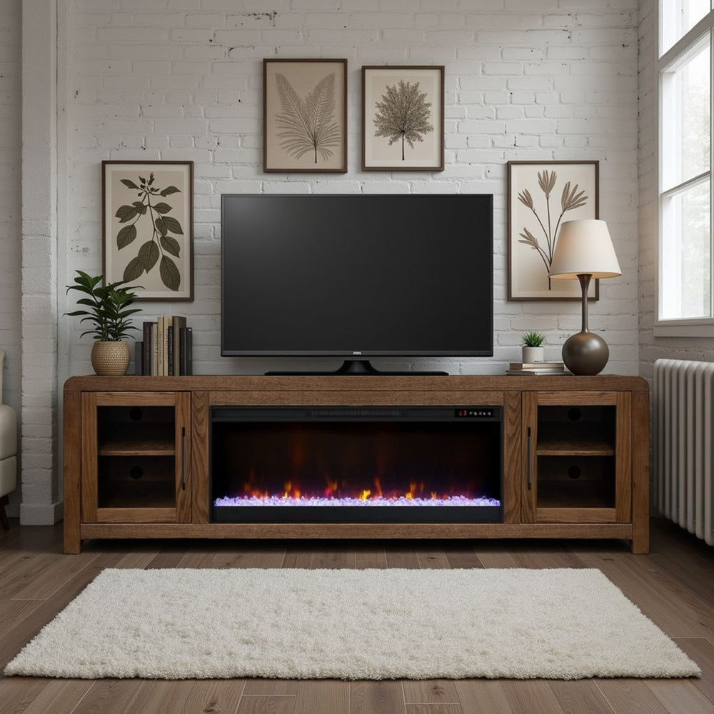 English Elm Haven 82-Inch Fireplace Tv Stand With Glass Doors, Fits Tvs Up To 90", Oak Bourbon Finish, Easy Assembly B108P364421