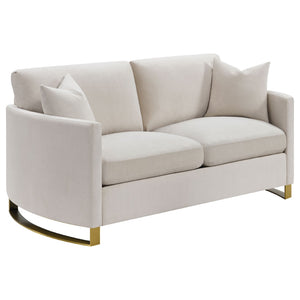 English Elm Rufo Beige Fabric Loveseat with Gold Steel Legs Arched Arms and Feather Cushions B062P357784