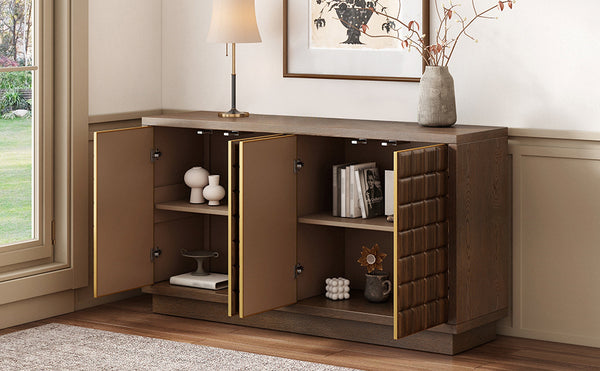 English Elm Christopher Knight Home® - Modern 4-Door Storage Cabinet with 3D Geometric Doors, Metal Trim, Durable MDF Top, 61.25"L x19"W x12.2"H Brown N760P324554D