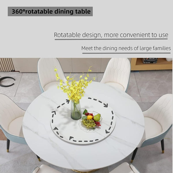 English Elm Round Sintered Stone Dining Set Sculptural Petal Base Six Pu Leather Chairs Modern W509S00184