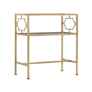 English Elm Grifton Two-Tier Rectangular Accent Table in Antique Gold Metal with Tempered Glass Shelves, 26.5" L B050P364437