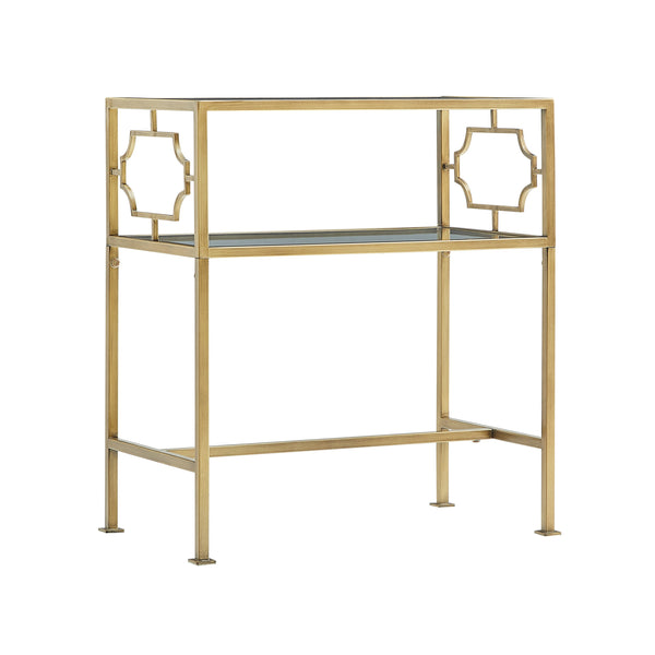 English Elm Grifton Two-Tier Rectangular Accent Table in Antique Gold Metal with Tempered Glass Shelves, 26.5" L B050P364437
