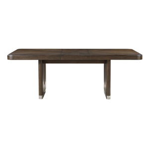 English Elm Modern Extendable Rectangular Dining Table with Oak Veneer, Wire-Brushed Brown Finish & Metallic Base - Seats 6 B011S01900