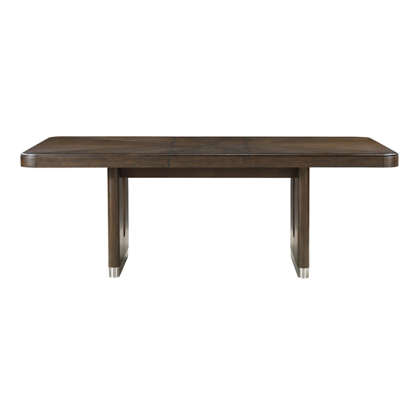 English Elm Modern Extendable Rectangular Dining Table with Oak Veneer, Wire-Brushed Brown Finish & Metallic Base - Seats 6 B011S01900