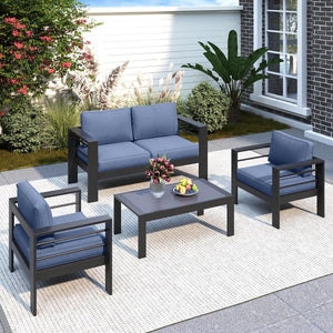 English Elm 4-piece Outdoor Cast Aluminum Conversation Set Resort Style Patio Seating with Wpc Table Blue B082S00093