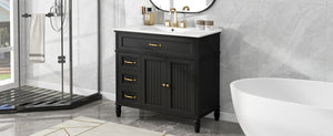 English Elm 36" Modern Bathroom Vanity with Ceramic Sink, Solid Wood + MDF Frame, Sleek Freestanding Design Black N725P195410B
