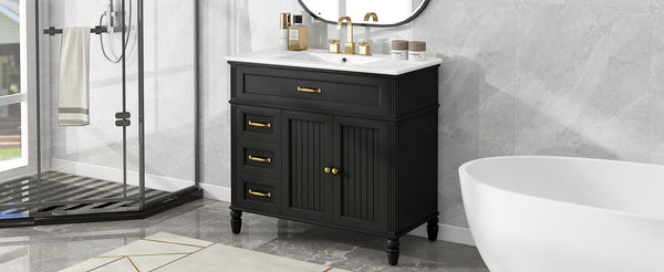 English Elm 36" Modern Bathroom Vanity with Ceramic Sink, Solid Wood + MDF Frame, Sleek Freestanding Design Black N725P195410B