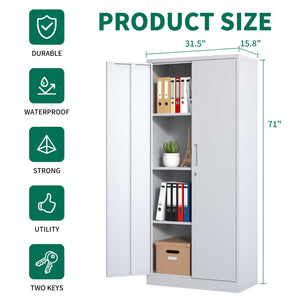 English Elm 71"H Heavy Metal Garage Storage Cabinet with 3 Adjustable Shelves, Locking 3-Point System & Anti-Tip Design White T2398P152544