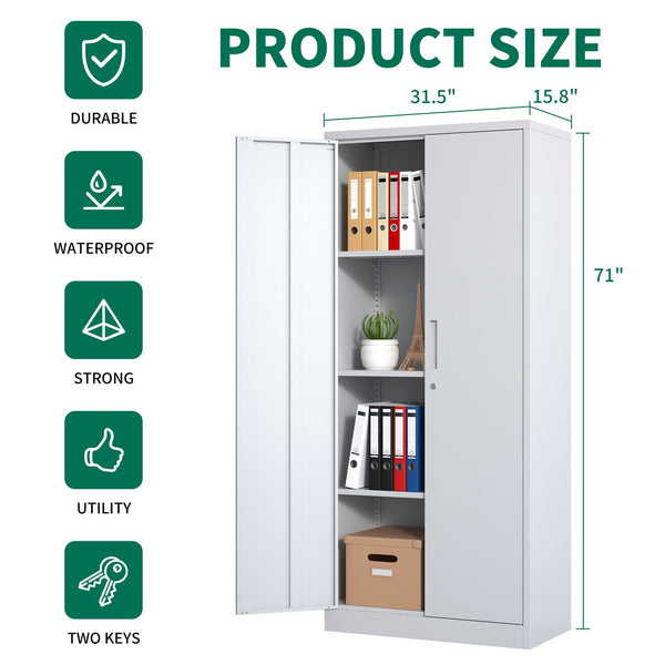 English Elm 71"H Heavy Metal Garage Storage Cabinet with 3 Adjustable Shelves, Locking 3-Point System & Anti-Tip Design White T2398P152544