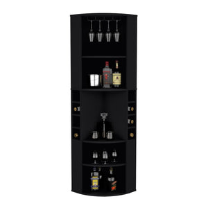 English Elm Oban Corner Bar Cabinet with Five Shelves, Eight Bottle Cubbies and Space-Saving Tall Storage Design Black 45 L x 23 W x 4 H B070S00253