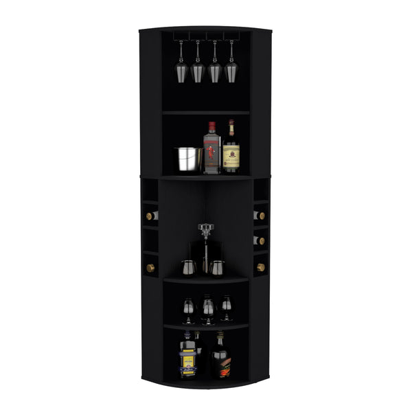 English Elm Oban Corner Bar Cabinet with Five Shelves, Eight Bottle Cubbies and Space-Saving Tall Storage Design Black 45 L x 23 W x 4 H B070S00253