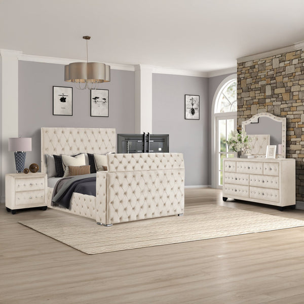 English Elm Encore Modern Tufted Upholstered Queen 4Pc Bedroom Set - Elegant Beige Wood Design & Storage Solutions B009S01709