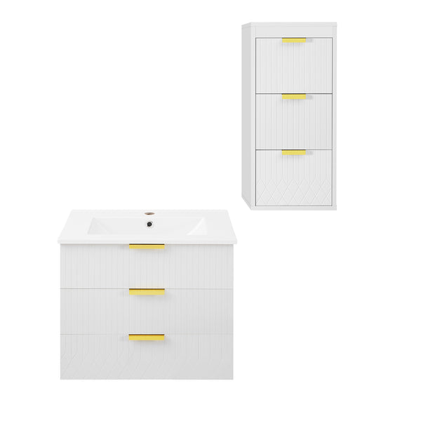 English Elm 24inch Bathroom Vanity with Sink - Wall-Mounted Floating Combo with Ceramic Basin, Modern L-Handle Design White N710S324097K