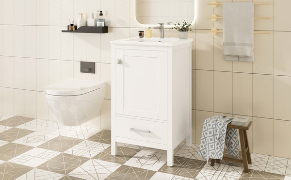 English Elm 20-Inch Compact Bathroom Vanity with Ceramic Sink, Soft-Close Storage, Divider Drawer & Easy Plumbing Access White N729P334847K