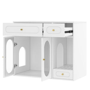 English Elm Cat Litter Box Cabinet with Led Lighting Acrylic Doors and Drawer Storage End Table White N704P402444K