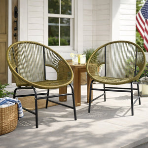 English Elm Nusa Outdoor Pe Rattan Patio Chairs with Iron Frame Airy Oval Weave Set of 2 Green N775P422987G